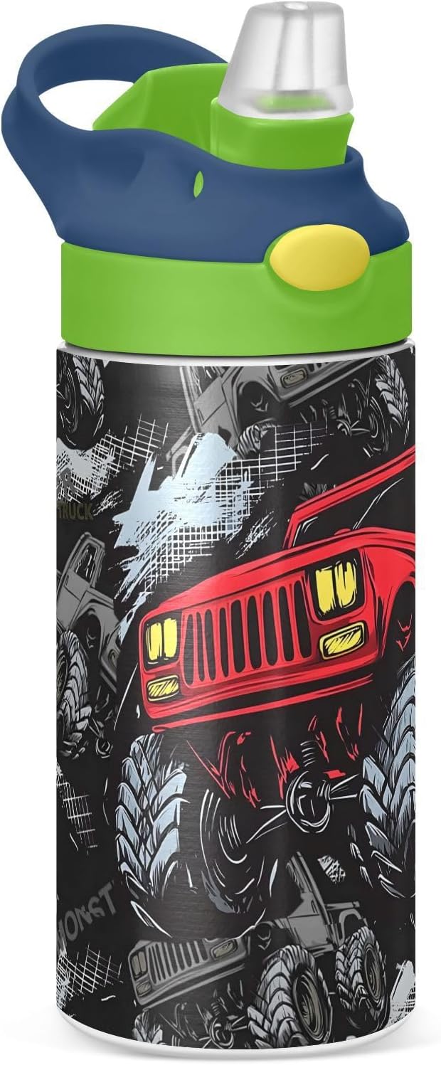 Monster Truck Red Kids Water Bottle with Straw Lid Insulated Tumbler with Handle Stainless Steel Reusable Toddlers Cup for Kids Boys 12 oz - Bloomnest