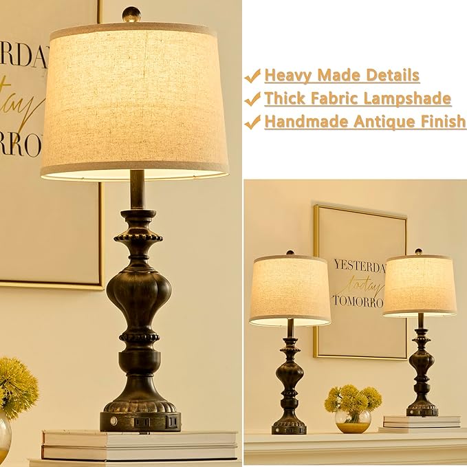 27.5" Farmhouse Table Lamps Set of 2 Bedside Lamp with USB C+A Ports & AC Outlet, 3 Way Dimmable Touch Lamps for Living Room Bedroom Office Hallway Rustic Nightstand Traditional Lamp - Bloomnest