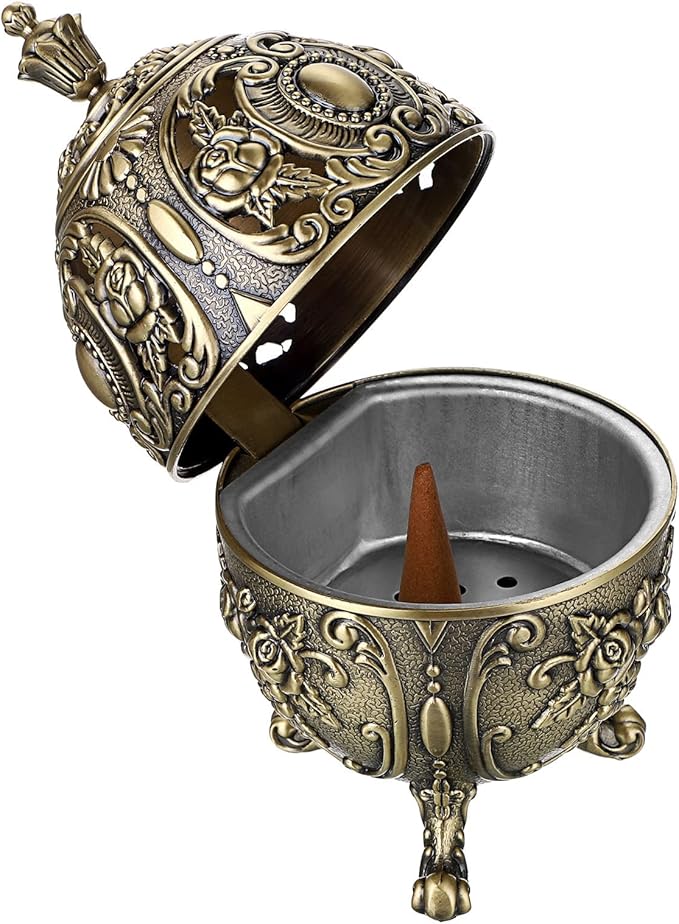 JUXYES Vintage Incense Burner Holder with Removable Ash Catchers, Metal Censer Antique Cone Coil Incense Burner Holder Zinc Alloy Spiritual Aromatherapy Yoga Meditation Gifts Retro Home Decoration - Bloomnest