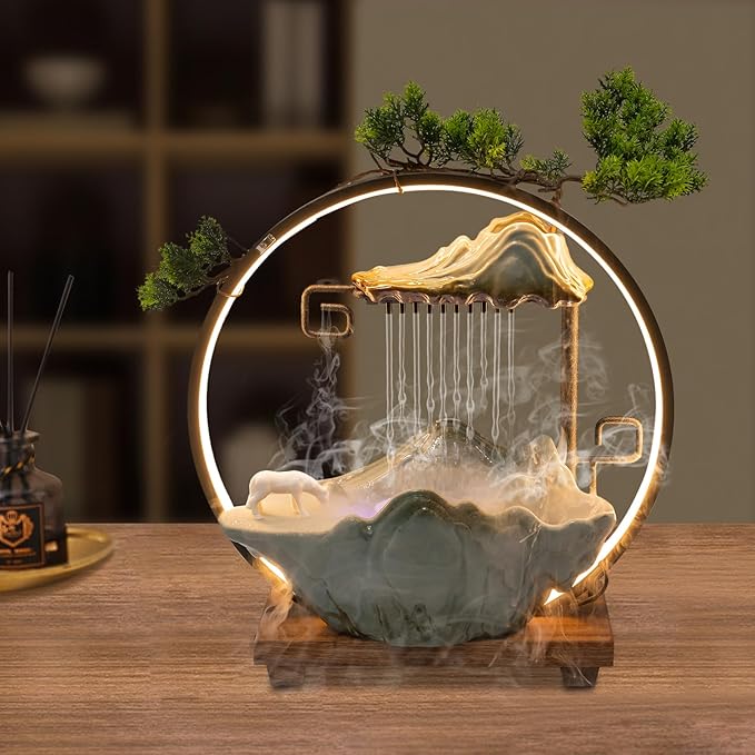 Gdrasuya10 Tabletop Water Fountains Indoor Waterfall with LED Indoor Water Fountains for Meditation with Fake Plants for Good Luck, Wealth