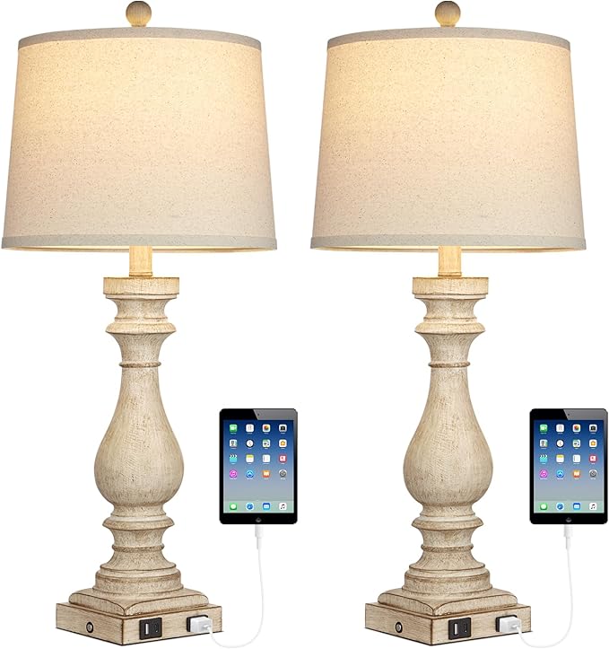 27.5" Farmhouse Table Lamp for Living Room Set of 2,Vintage Bedside Lamps with USB C+A Ports & AC Outlet,3-Way Dimmable Touch Control White Washed Finish Nightstand Lamp for Bedroom,Beige - Bloomnest