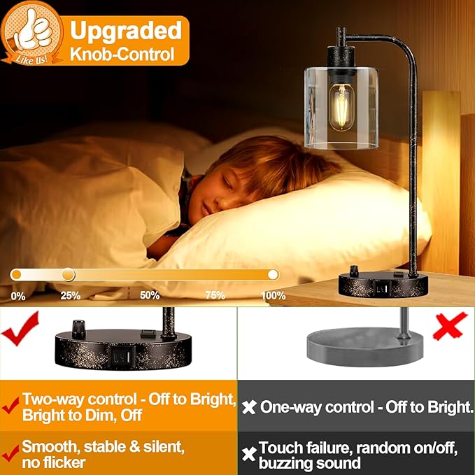 Set of 2 Industrial Table Lamps with USB Port, Rustic Black Fully Stepless Dimmable Bedside Lamps for bedrooms, Nightstand Desk Lamps with Clear Glass Shade for Reading Living Room Office 2 LED Bulb - Bloomnest