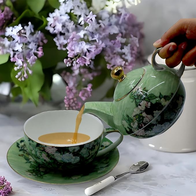 Porcelain 13 OZ Tea for One Teapot and Cup Set Vintage Floral Ceramic Tea Set European Style Tea pot and Saucer Set (White Roses) - Bloomnest