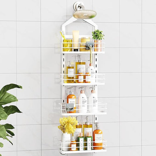 ODesign 4 Tier Height-Adjustable Shower Caddy Hanging Anti-Swing-Over The Shower Head Caddy-Storage Organizer Bathroom Shelves Basket-White - Bloomnest
