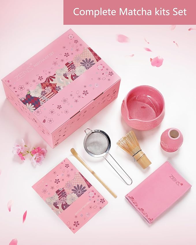 ZENS Matcha Whisk Set, 6pcs Matcha Set Pink Includes 15oz Ceramic Bowl and Bamboo Whisk (Chasen Holder) Scoop, 304 Sifter & Pink Tea Mat, Japanesse Matcha Kit for Matcha Latte-Making - Bloomnest