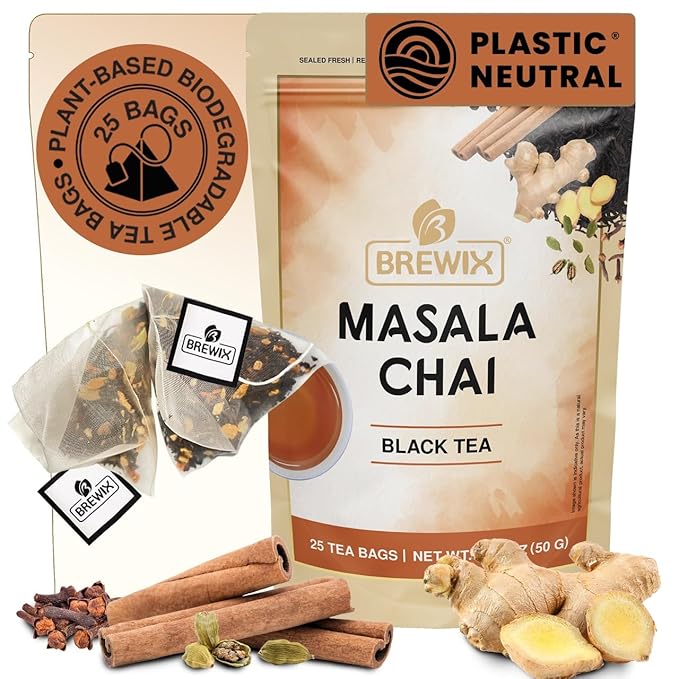 BREWIX, Masala Chai Tea Bags (25 Pyramid Tea Bags) Strong, Robust & Spicy - Pure Ingredients | Black Tea, Cinnamon, Ginger, Black Pepper, Cardamom & Cloves, Packed in Resealable Ziplock Pouch - Bloomnest