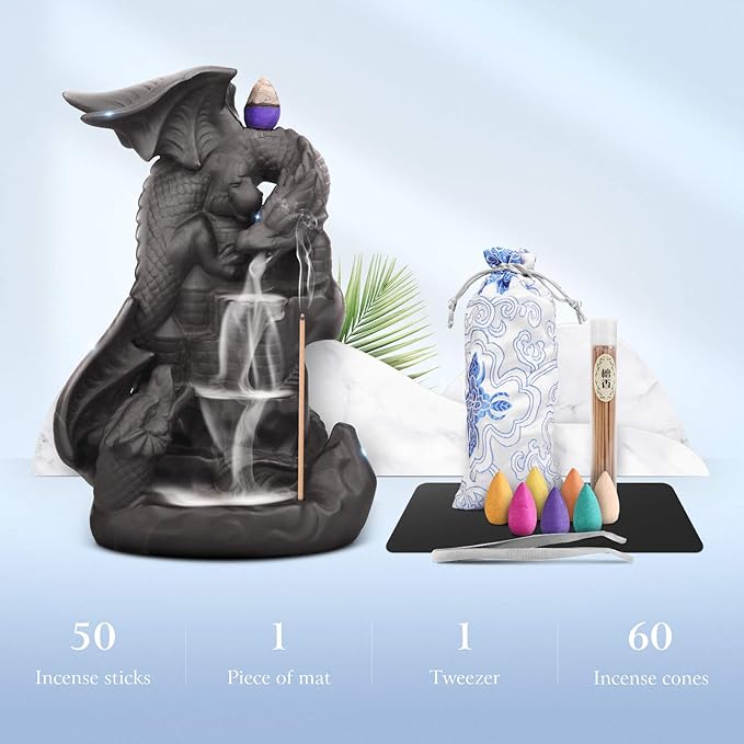 Ceramic Dragon Backflow Incense Holder Waterfall Incense Burner, Smoke Incense Holder, with 70 Backflow Incense Cones + 50 Incense Stick, 1 Mat, 1 Tweezers Home Decor (Brown-Light Dragon) - Bloomnest