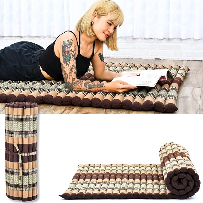 Leewadee - Kapok Roll Mat – Handcrafted Folding Sleep & Relaxation Mattress from Thailand, Ideal as Guest Bed, Camping Mat, Yoga Mat or Traditional Futon, 75 x 39 inches, Brown - Bloomnest