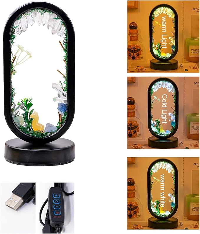 Runyangshi Natural Crystal Night Light LED Bedroom Living Room Night Lamp Oval Quartz Lamp USB Power Bionic Botanical Forest Style Tri-Color Adjustable Ambient Lighting Home Decoration Christmas Gift - Bloomnest