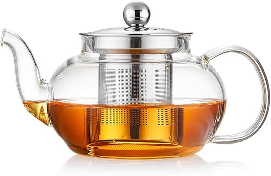 Glass Teapot Stovpetop Safe,20 oz/ 600 ml Stove Top & Microwave Safe Small Borosilicate Glass Kettle with Loose Leaf Tea Strainer For Flower Blooming Tea, Clear - Bloomnest
