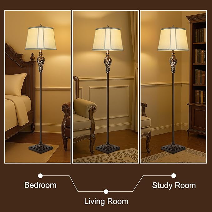 Vintage Floor Lamp with Night Light, 65" Retro Standing Lamp with Brown Finish and Beige Faux Silk Shade, Farmhouse Industrial Design Tall Lamp for Living Room Bedroom Bedside Corner (Bulb Included) - Bloomnest