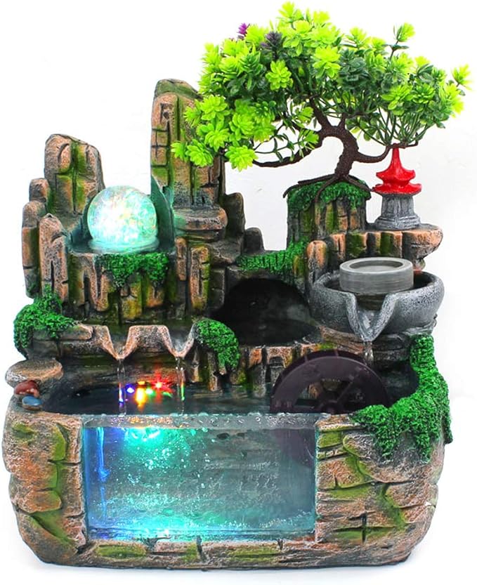 11.81" Creative Desktop Fountain Waterfall Bonsai w/LED Lights & Atomizer Tabletop Decor, Small Fish Tank Rockery Humidifier, Mini Rock Plant Artificial Bonsai Fountain Rockery for Office Home Decor - Bloomnest