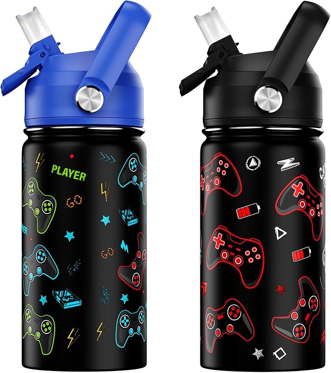 14oz Kids Insulated Water Bottle with Straw Lid - 18/8 Stainless Steel Kid Cup Travel Tumbler Double Wall Vacuum Leak Proof Portable Toddler Water Bottle (Game Blue+Red） - Bloomnest