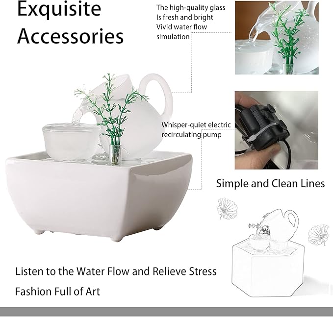 Tabletop Fountain, Indoor Desktop Waterfall, White Ceramic Decoration, Relaxing Soothing Water Flow, with 4 Color LED Lights, Suitable for Office Bedroom Decor,Quiet Dound of Water - Bloomnest