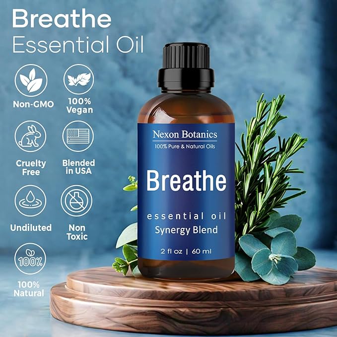 Breathe Essential Oil Blend 60 ml - Breath Sinus Relief with Menthol Oils - for Humidifiers, Diffusers, and Aromatherapy - Nexon Botanics NexonBotanics