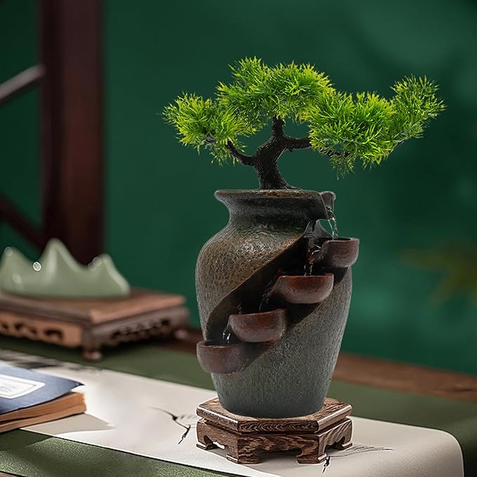 8.7inch Vase Type Artificial Bonsai Tree Fake Plant Mini Tabletop Waterfall Fountain with Water Flow, Indoor Desktop Decoration for Office Restaurant Coffee Home Decor or Festival Birthday Surprise - Bloomnest