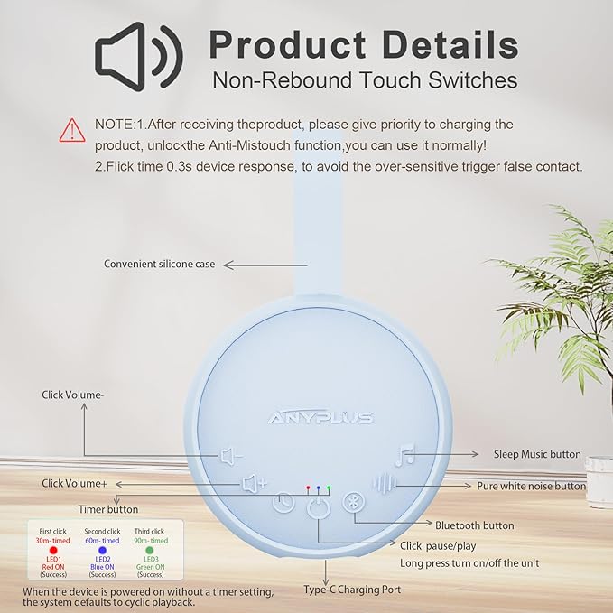 White Noise Machine for Sleeping Adults & Baby, Portable Sound Machine with 24 Soothing Sounds, Bluetooth 5.1, Battery Powered, 3 Timer Settings, Memory Function for Home, Office, Travel (Blue)