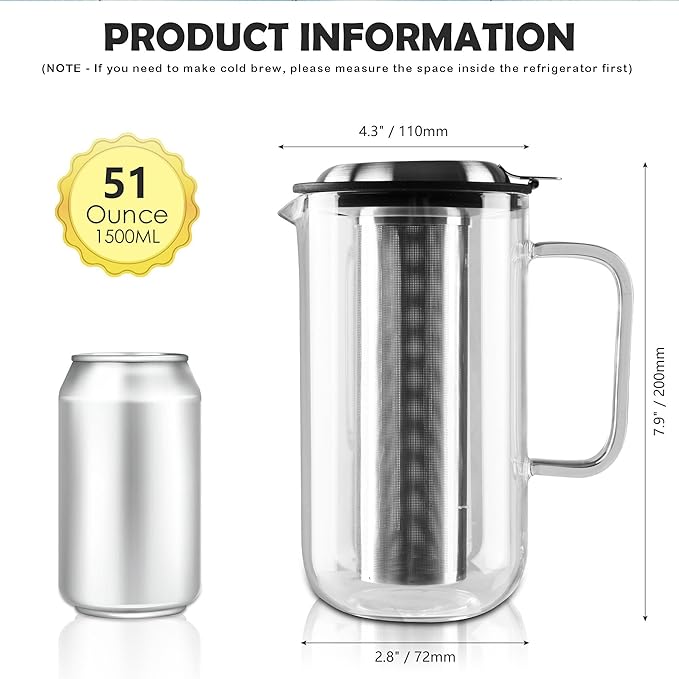 Aquach 51oz Glass Teapot with Stainless Steel Removable Infuser, Stovetop & Dishwasher Safe, Ideal for Loose & Blooming Tea Brewing - Bloomnest