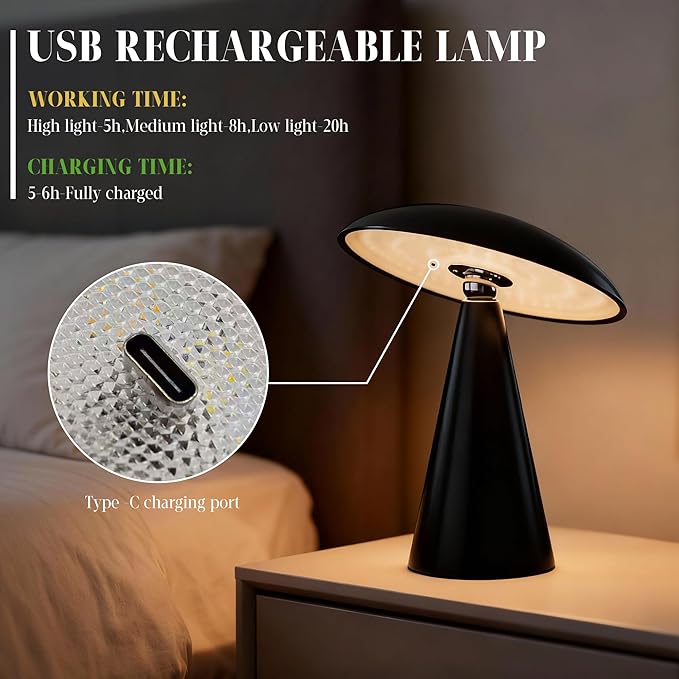 Mushroom Aesthetic Cute Lamp,Magnetic Mid Century Modern Lamp with 3-Mode Lighting for Unique Home Mushroom Decor,Cordless USB Rechargeable Lamps for Bedside/Dorm/Office/Entryway Decor(Black) - Bloomnest