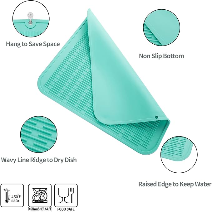 Silicone Dish Drying Mat for Multiple Usage,Easy clean,Eco-friendly,Heat-resistant Silicone Mat for Kitchen Counter or Sink,Refrigerator or Drawer Liner Mint XL 18 inches x 16 inches - Bloomnest