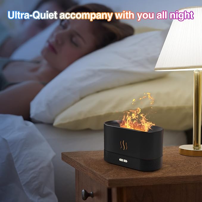 Colorful Flame Air Aroma Diffuser Humidifier, Upgraded 7 Flame Colors Noiseless Essential Oil Diffuser for Home,Office,Yoga with Auto-Off Protection 180mL (8Hours Black) - Bloomnest