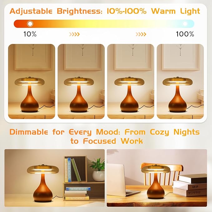 Small Table Lamp for Bedroom-Wooden Base Teardrop Mushroom Table Lamps,Amber Glass Shade,LED Three Color Temperature Adjustable Brightness Modern LED Side Table and Desk Lighting(H 9.7 in) - Bloomnest