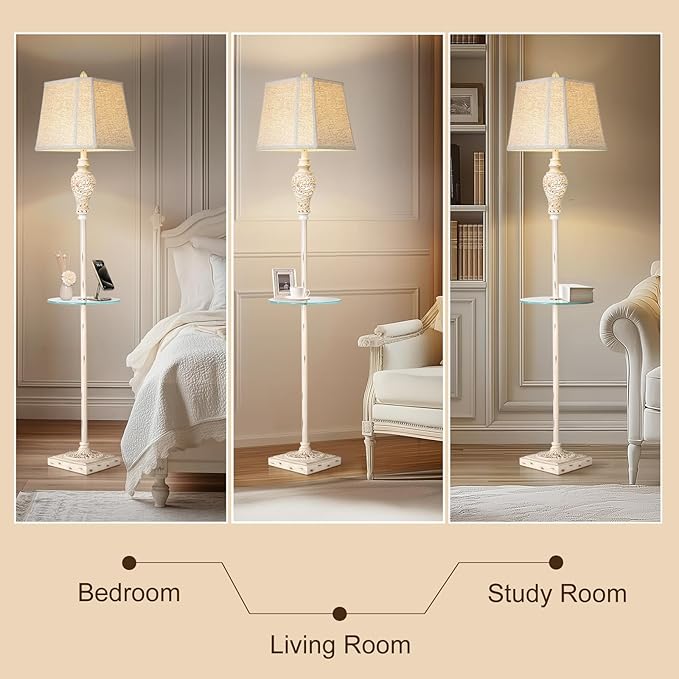 Vintage Floor Lamp with Nightlight and Glass Tray, Farmhouse Standing Lamp with White Washed Finish and Linen Shade, 65" Rustic Tall Lamp Decor for Living Room, Bedroom, Office, House (Bulb Included) - Bloomnest