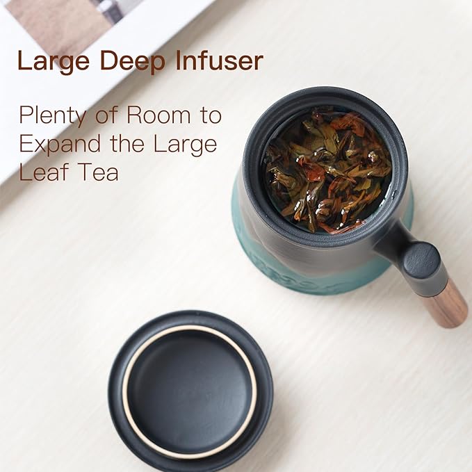ZENS Tea Cup With Infuser and Lid for Loose Leaf Steeper, 15.2 oz Embossed Ceramic Mug With Fine Strainers, Wood Handle Large Diffusers, Accessories for Tea Lovers Gifts