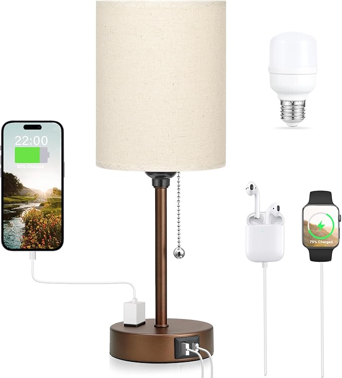Dicoool Small Bedside Table lamp for Bedroom - 3 Color Temperatures Brown Bedside Lamps with USB C and A Ports, Pull Chain Table Lamps with AC Outlet, Black Nightstand Lamps for Kids Reading Study - Bloomnest