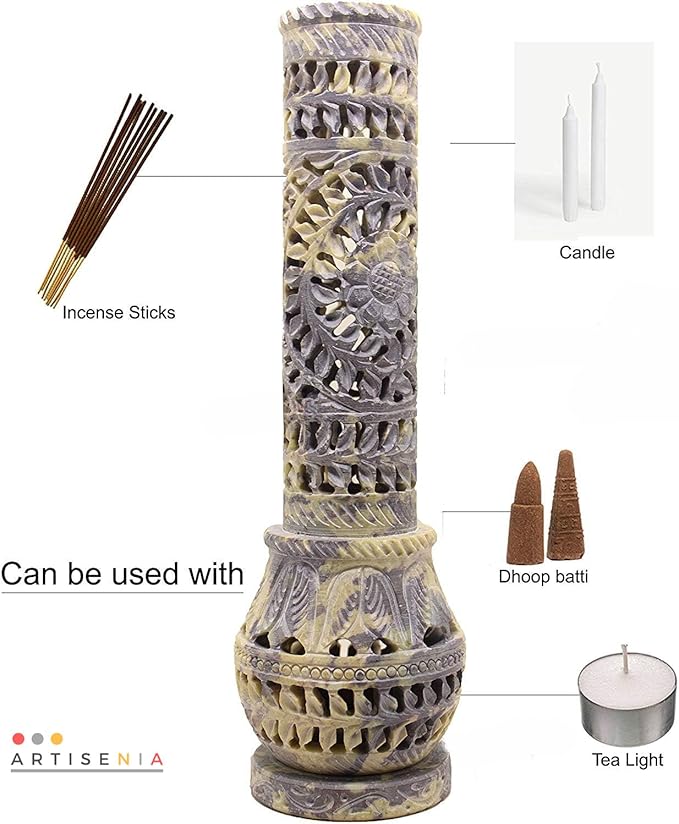 Handmade Carving Round Soapstone Incense Stick Tower Holder | Marble Incense Stick Tower Burner Holder Spa Aromatherapy Home Office Fragrance Accessories Home Office Decor - (11 X 3 Inches) - Bloomnest