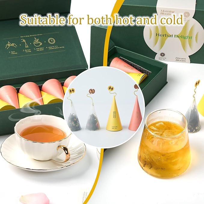 Herbal Delight Premium Herbal Tea Gift Set of 14 with 2 Flavors, 2 Individually Wrapped Handmade Pyramid Tea Bags for Each Variety - Bloomnest