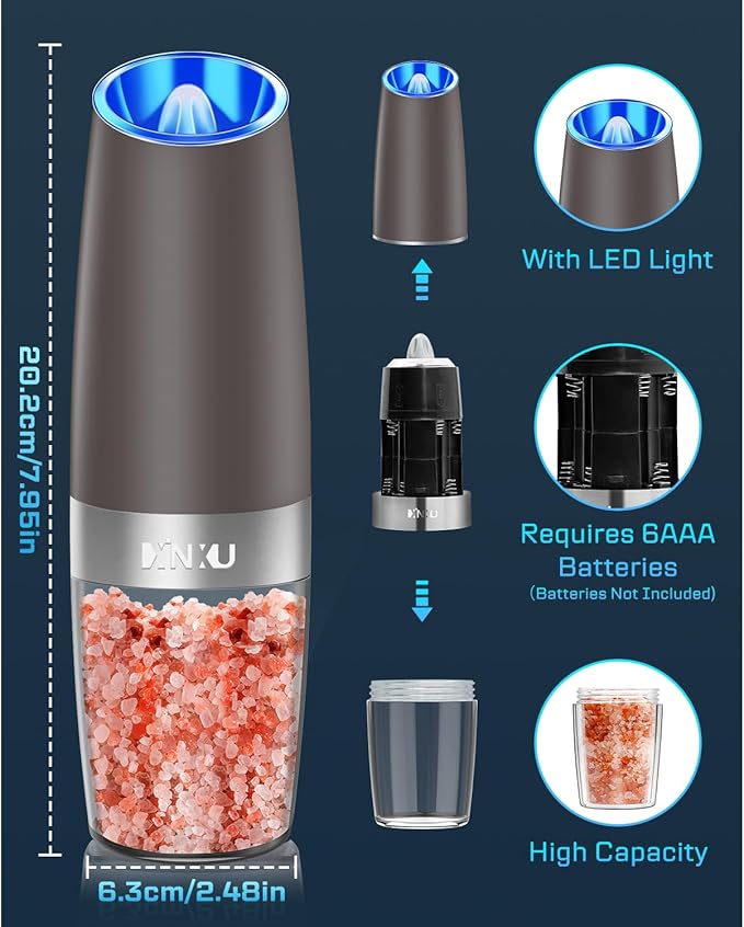 XinXu Gravity Electric Pepper and Salt Grinder Set, Adjustable Coarseness, with LED Light, One Hand Automatic Operation (Set/Brown X) - Bloomnest