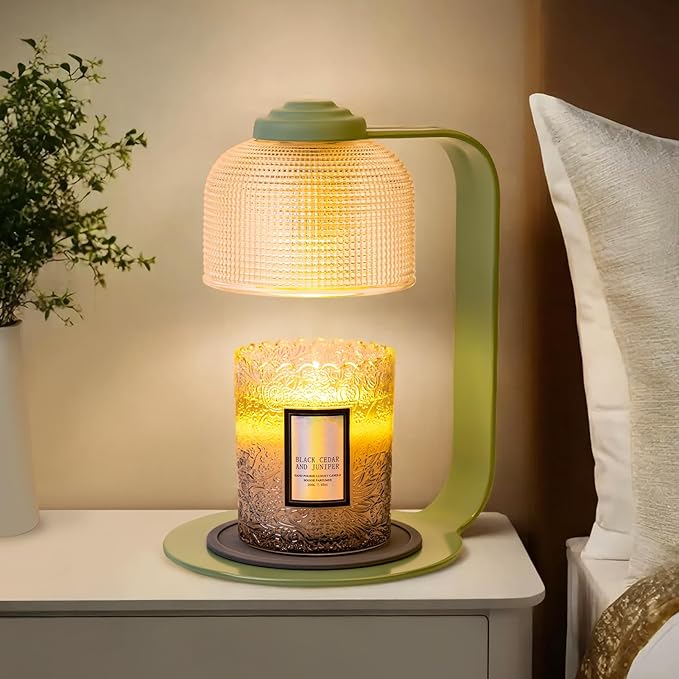 Candle Warmer Lamp with Clear Glass Globe and Timer & Dimmable Light - Jar Candle Melter Green Minimalist Metal Frame, Home Decor Gift Set (Includes 2 Bulbs) - Bloomnest