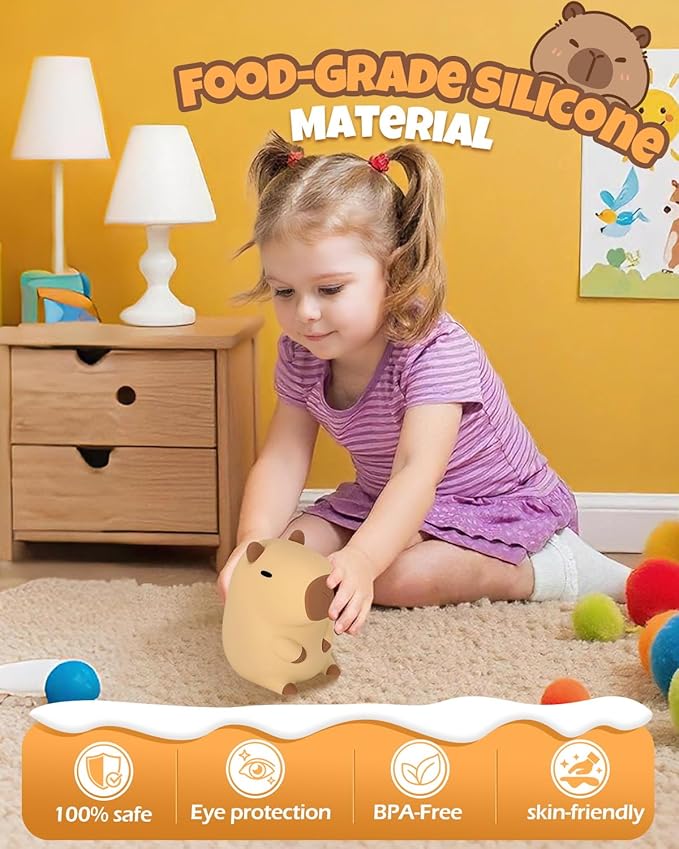 Cute Capybara Night Light, Animal Lamp, Food Grade Silicone, Rechargeable, 2 Level Dimmable, Squishy Nursery Nightlight for Desk Decor, Funny Gifts Stuff for Boys Girls Baby, White Elephant Gifts - Bloomnest
