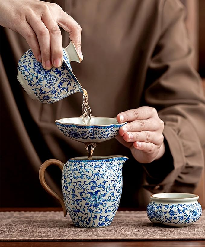 Ceramic Tea Infuser Strainers with Support Holder Saucer - Blue and White Porcelain Entangled Lotus Floral Pattern, Fine Mesh Loose Leaf Tea Colander Filter Kungfu Tea Ceremony Utensils