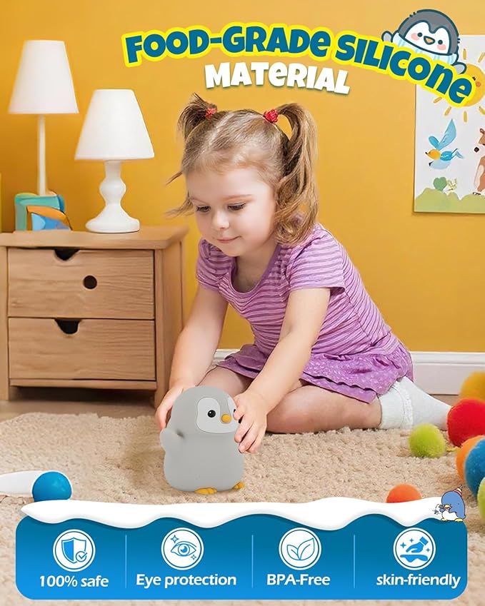 Cute Happy Penguin Night Light, Animal Lamp, Food Grade Silicone, Rechargeable, 2 Level Dimmable, Squishy Nursery Nightlight for Desk Decor, Funny Gifts Stuff for Boys Girls Baby, White Elephant Gifts - Bloomnest