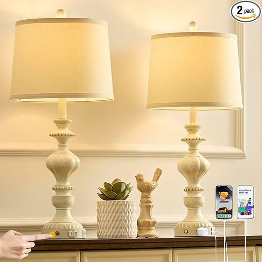 27.5" Farmhouse Table Lamps Set of 2 Bedside Nightstand Lamp with USB C+A Ports & AC Outlet, 3 Way Dimmable Touch Lamps for Bedroom Living Room Office Rustic Lamp (White Gold) - Bloomnest