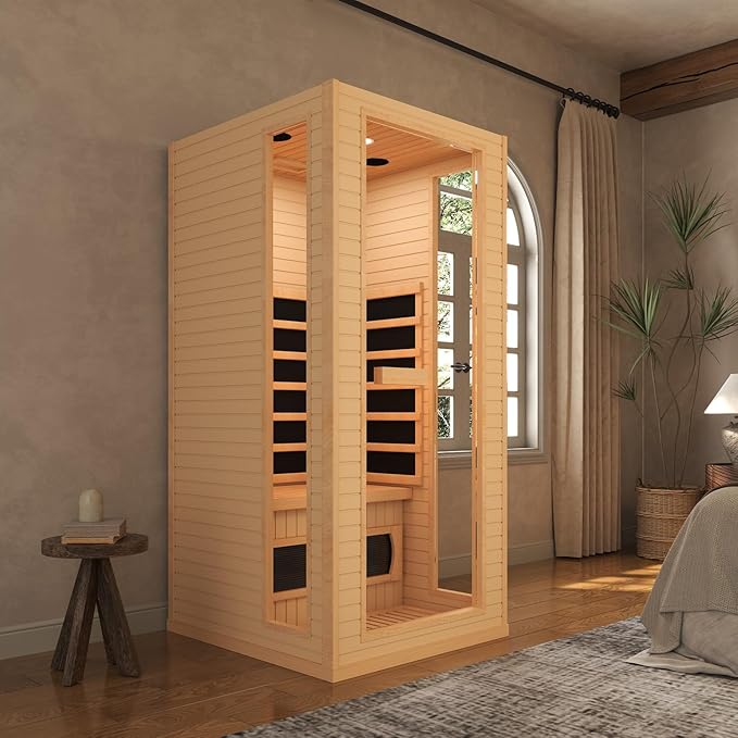 1 Person Infrared Sauna, Full Spectrum Roomy Sauna for Home, Indoor Dry Sauna with Rapid Heating 4 Carbon Panels&1 Carbon Tube, Bluetooth and 7 Color Therapy Lights, 110V BNEHSDirect