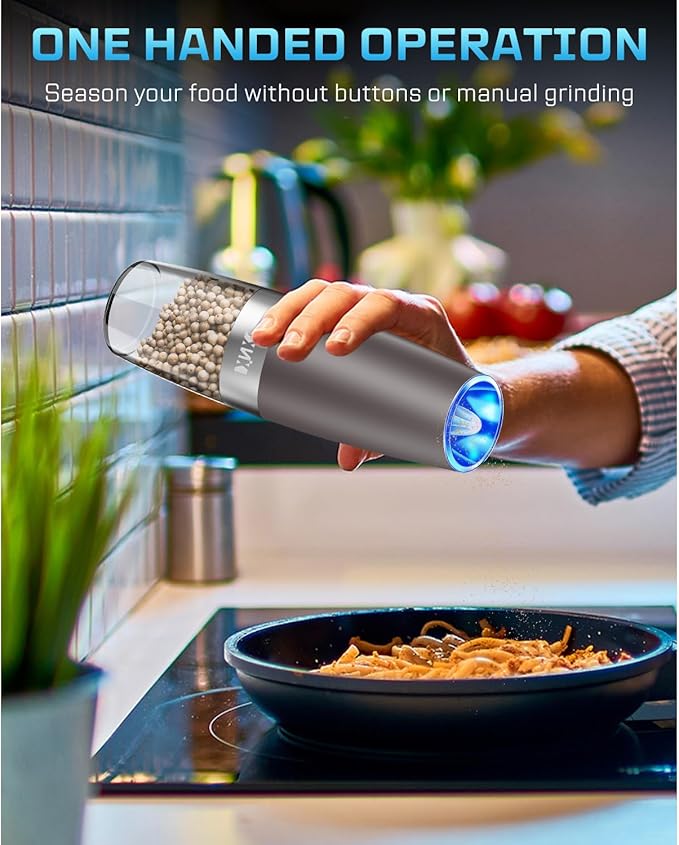 XinXu Gravity Electric Pepper and Salt Grinder Set, Adjustable Coarseness, with LED Light, One Hand Automatic Operation (Set/Brown X) - Bloomnest
