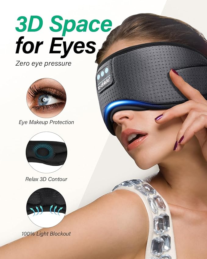LC-dolida Sleep Headphones, White Noise Bluetooth Sleep Mask 3D Breathable Wireless Eye Mask for Timing, Sleep Mask with Bluetooth Headphones for Side Sleepers Travel,Cool Gadgets for Women Men(Grey) - Bloomnest