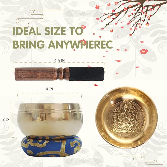 REGIS Tibetan Singing Bowl Set ， Mindfulness, and Stress Relief zen decor，Bowl Handcrafted in Nepal for Healing and Mindfulness (gold, 4 inch) REGIS