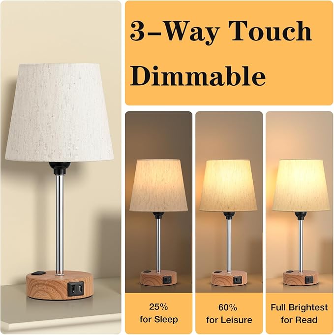 Acaxin Bedside Lamps for bedrooms Set of 2 - Nightstand Bedroom Lamp with USB C Port and AC Outlet Charging, 3 Way Dimmable Touch Control Small Bed Side Table Lamp, Nightstand Light for Kids - Bloomnest