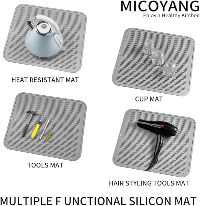 Silicone Dish Drying Mat for Multiple Usage,Easy clean,Eco-friendly,Heat-resistant Silicone Mat for Kitchen Counter or Sink,Refrigerator or Drawer Liner Grey XL 18 inches x 16 inches - Bloomnest