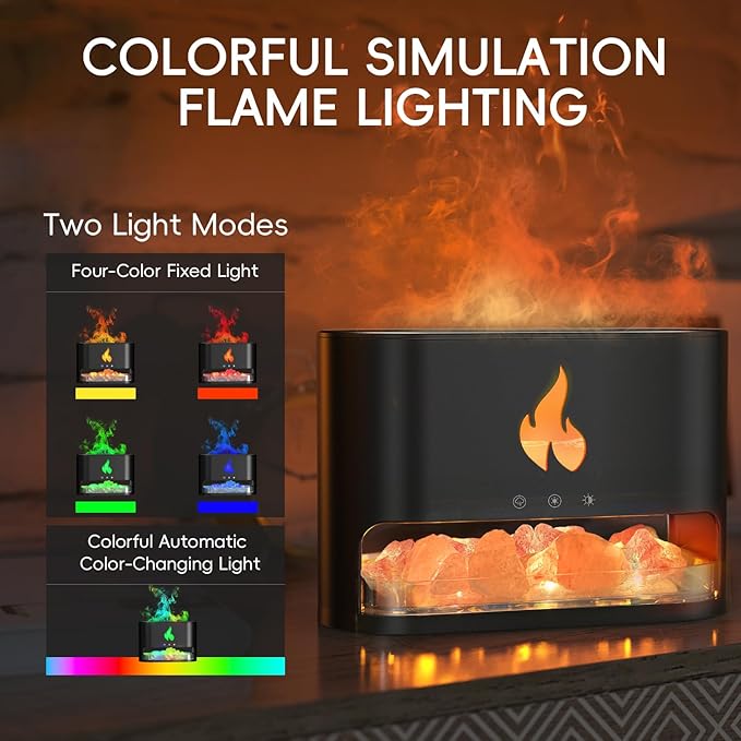 Essential Oil Diffuser, Fireplace Flame Fire Oil Diffuser, 250ml Himalayan Salt Lamp Diffuser, Cool Mist Aromatherapy Humidifier with 7 Colors Light, Timer & Auto-Off for Home, Room (Black) - Bloomnest