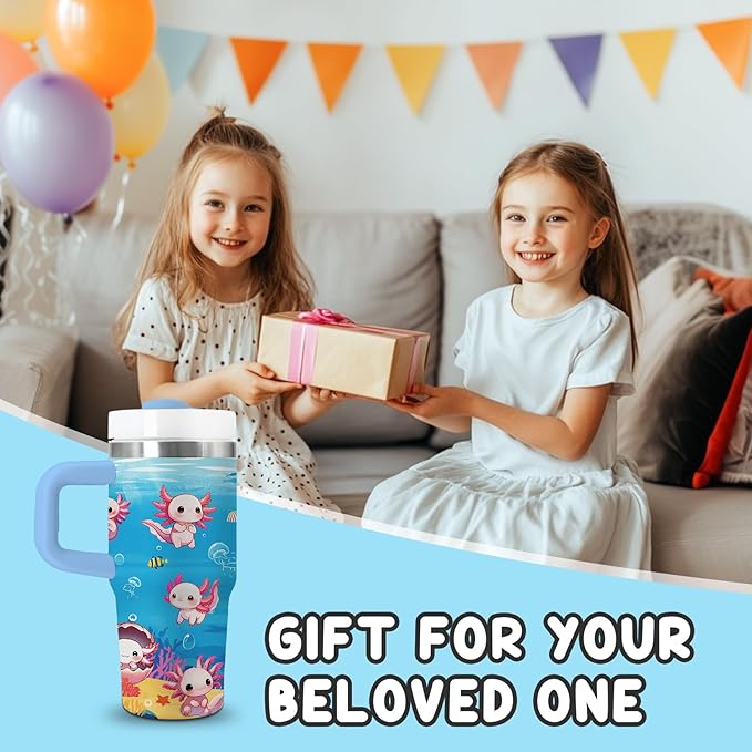 Axolotl Gifts for Girls - 14oz Blue Kids Axolotl Tumbler with Handle and Straw, Stainless Steel Insulated Water Cup, for Sport, School, Travel - Axolotl Lovers Gift for Children Birthday Gift Cup(1pc) - Bloomnest