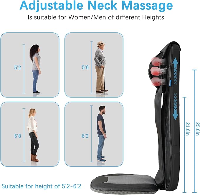 Shiatsu Neck & Back Massager with Heat, Massage Chair Pad Cushion for Stress Relief, Inflatable Flaps Back Support, Kneading or Rolling Chair Seat Massage,Ideal Gifts for Men,Women,Family - Bloomnest