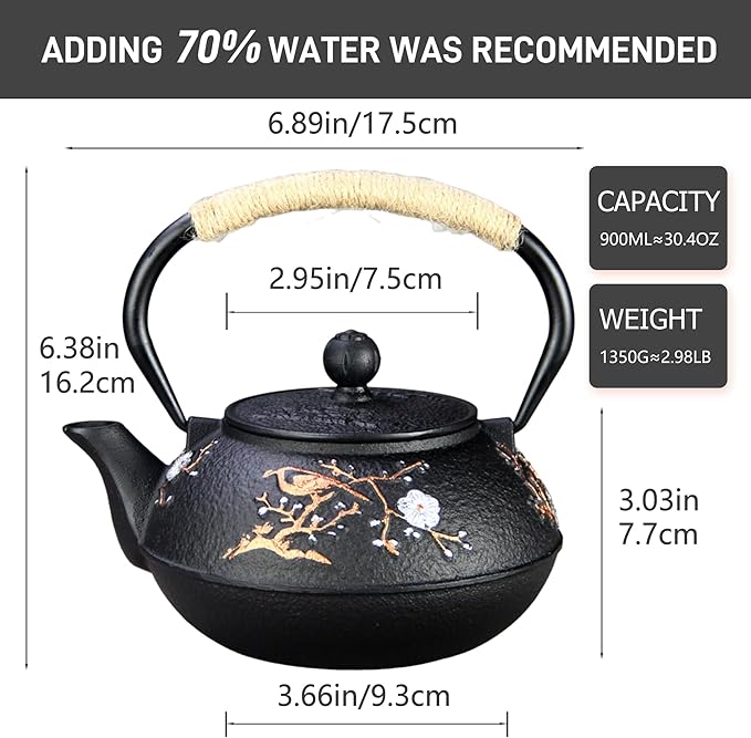 Cast Iron Teapot SECHUDO Teapot for Stovetop Safe Coated with Enameled Interior,Japanese Beautiful Tea Kettle with Stainless Steel Infuser for Loose Tea (30.4oz Plum Blossoms and Bird Pattern) - Bloomnest