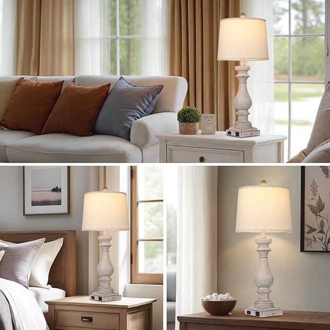 27.5" Farmhouse Table Lamp for Living Room,Vintage Bedside Lamp with USB C+A Ports & AC Outlet,3-Way Dimmable Touch Control Gray Washed Finish Nightstand for Bedroom, Single Gray - Bloomnest
