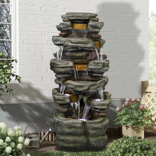 Naturefalls 47.2inches Outdoor Rockery Water Fountain with Led Lights - Poly-Resin Rock Cascading Water Fountains - Relaxation Water Features for Patio, Yard, Deck, Garden Decor - Bloomnest