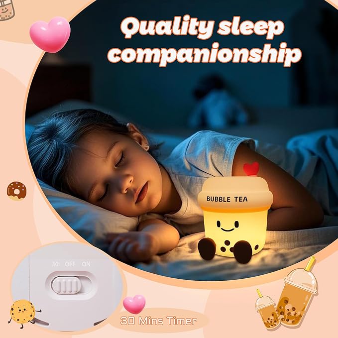 YuanDian Boba Bubble Tea Night Light, Cute Silicone Lamp Gift for Kids Girls Boys, Bedroom Decor for Christmas Birthday - Toddler Safe Kids Room Accessories - Bloomnest